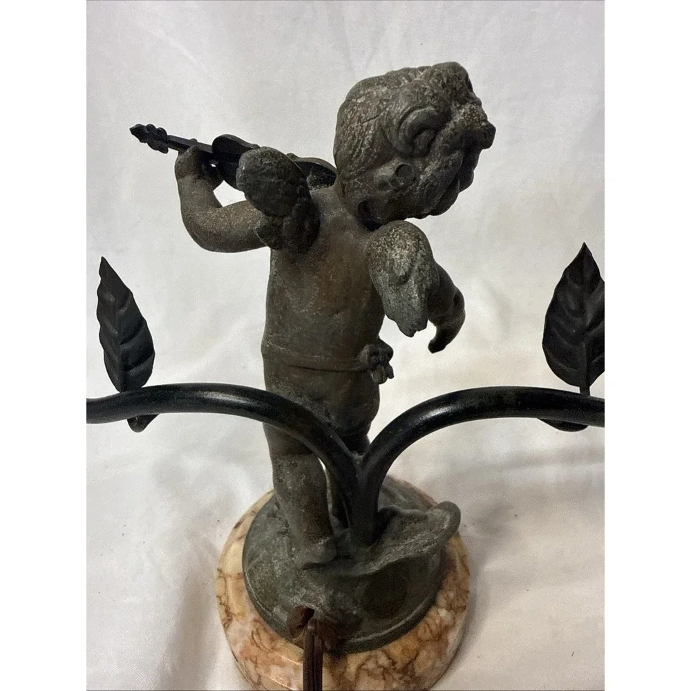 VTG Figural Cherub Double Arm Table Lamp Spelter Marble Base Art Nouveau Style